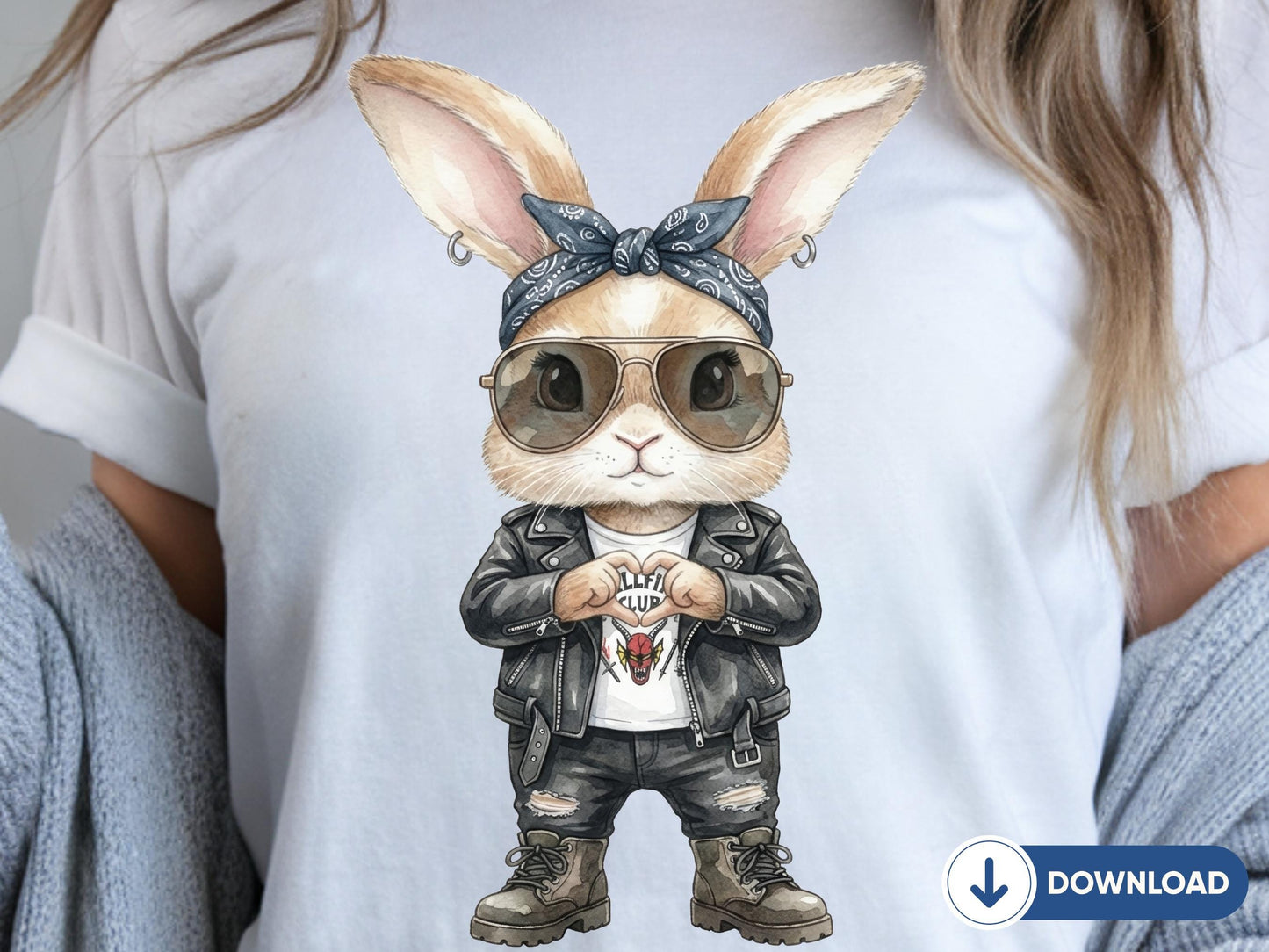 Funny Bunny PNG, Retro Bunny With Sunglasses, Heart Sign Rabbit Shirt Design, Punk Rock Bunny Sublimation, Bunny Lover Gift Download