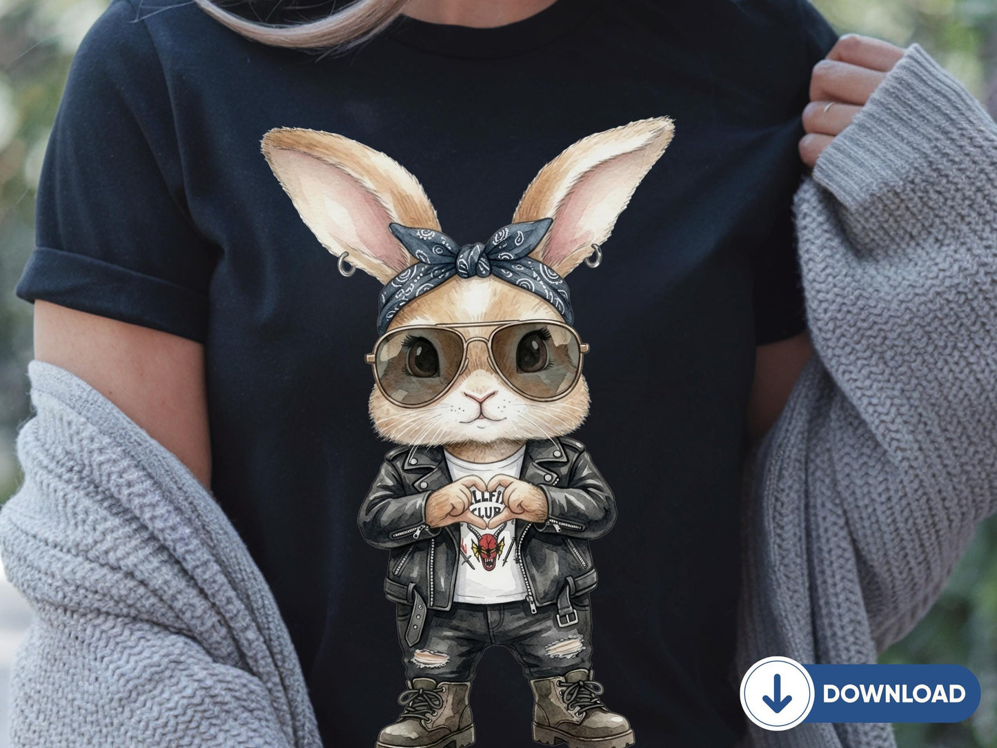 Funny Bunny PNG, Retro Bunny With Sunglasses, Heart Sign Rabbit Shirt Design, Punk Rock Bunny Sublimation, Bunny Lover Gift Download