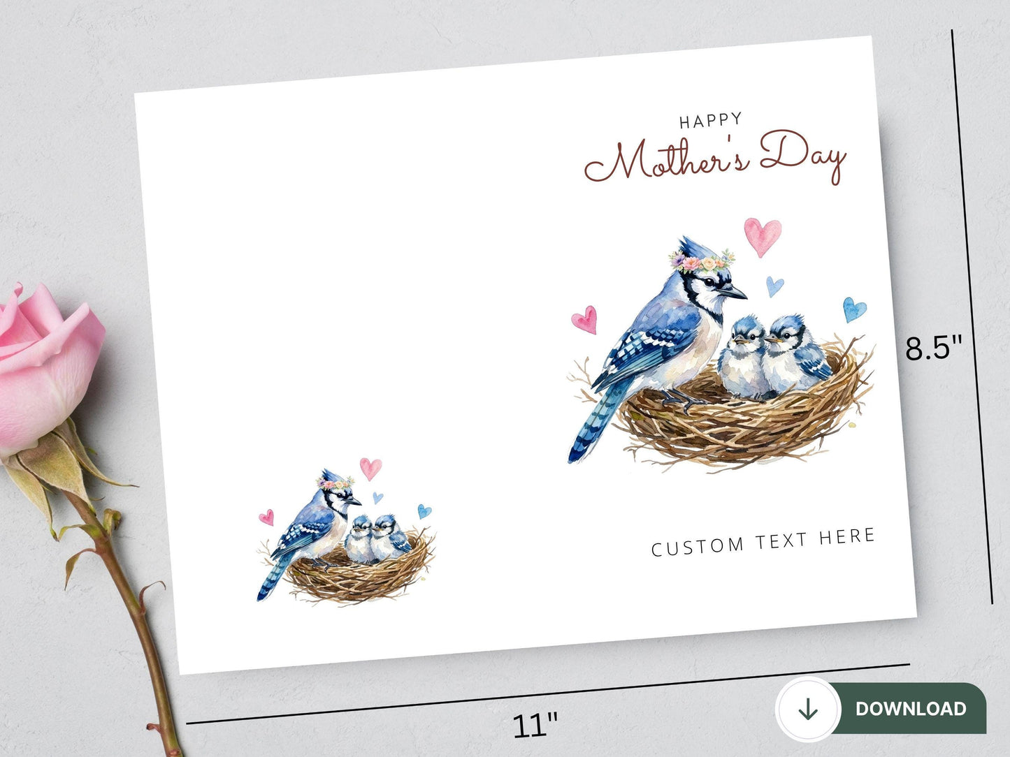Digital Mother’s Day Bluejay Card, Bird Nest Mom Card, Blue Jay Lover Gift, Mom Birthday Card, Baby Bird Nest Art, Printable Greeting Card