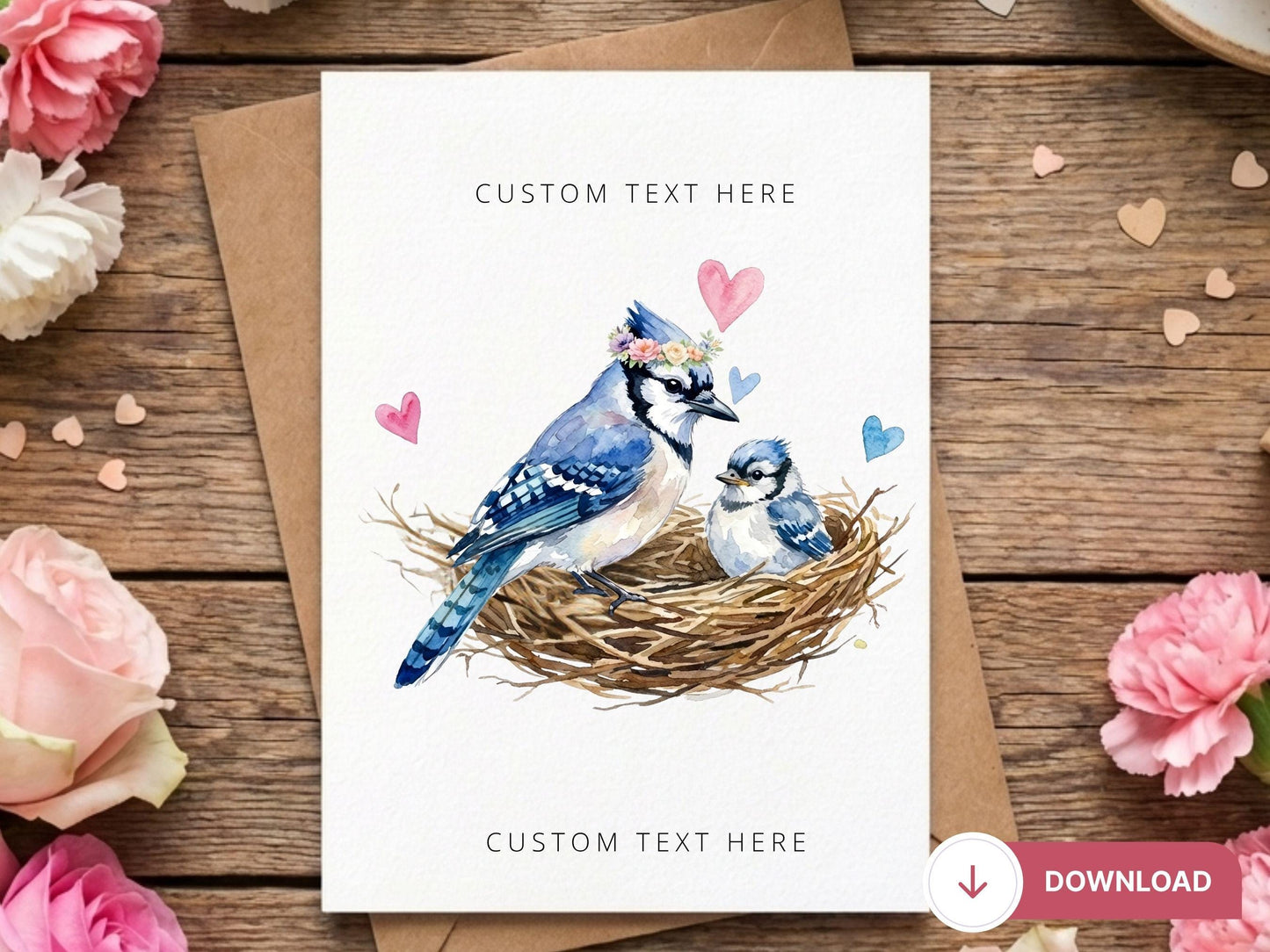 Digital Mother’s Day Bluejay Card, Bird Nest Mom Card, Blue Jay Lover Gift, Mom Birthday Card, Baby Bird Nest Art, Printable Greeting Card