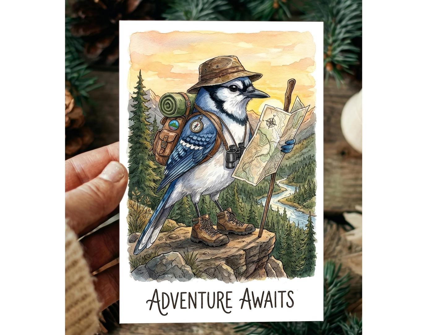 Adventure Awaits Card Printable, Watercolor Blue Jay Hiking Art, Travel Greeting Card, Wanderlu, Outdoor Lover Gift, Digital Download