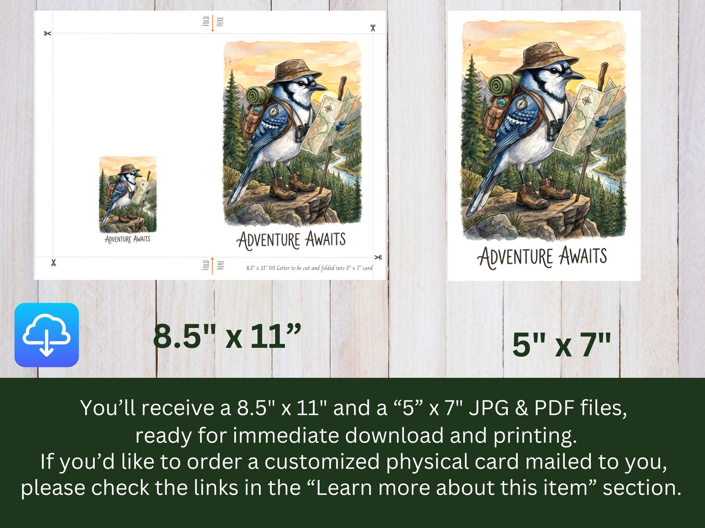 Adventure Awaits Card Printable, Watercolor Blue Jay Hiking Art, Travel Greeting Card, Wanderlu, Outdoor Lover Gift, Digital Download