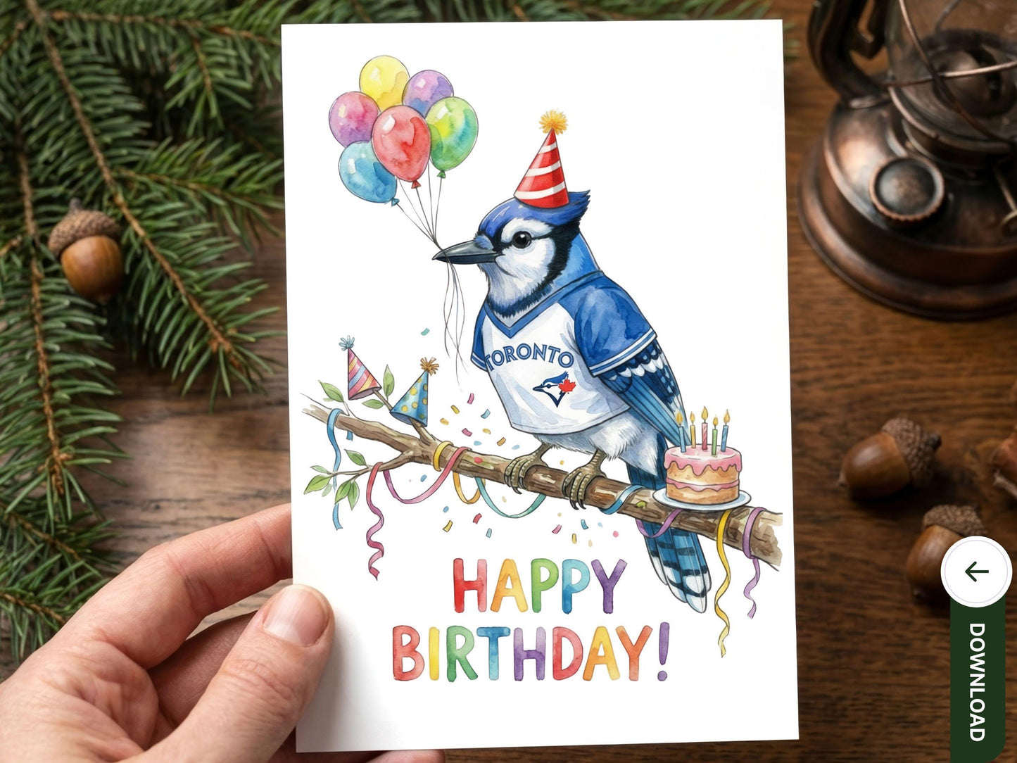 Blue Jay Birthday Card Printable, Watercolor Baseball Bird Art, Cute Bird with Balloons and Cake, Sports Fan Birthday Card, Digital Download