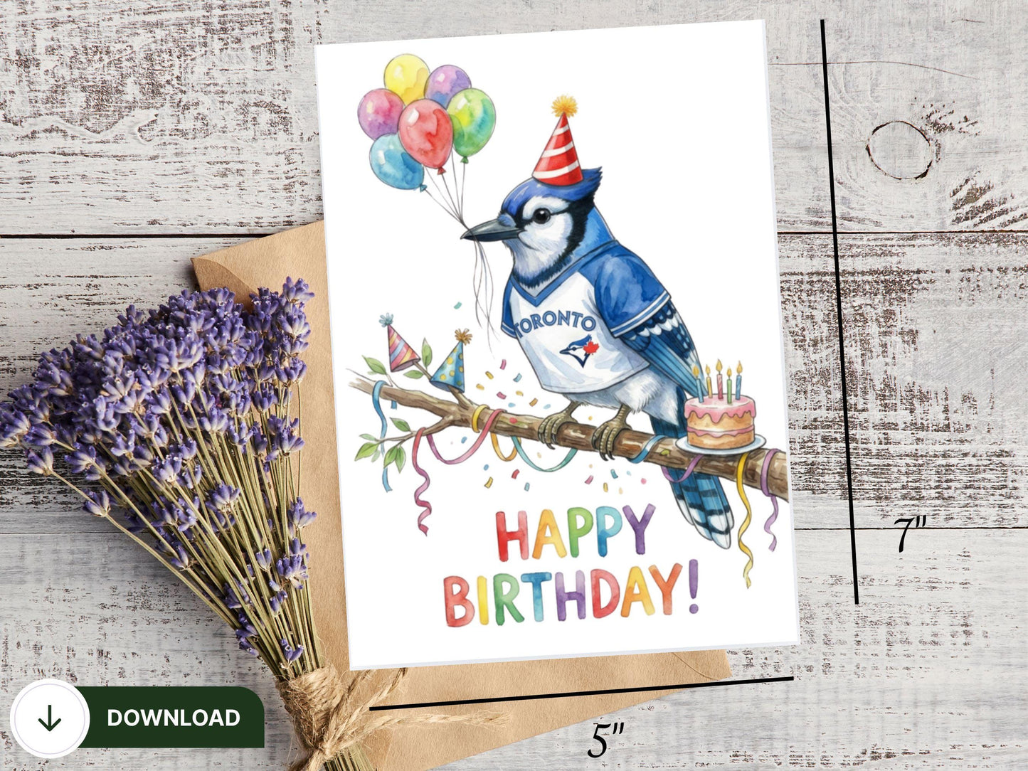 Blue Jay Birthday Card Printable, Watercolor Baseball Bird Art, Cute Bird with Balloons and Cake, Sports Fan Birthday Card, Digital Download