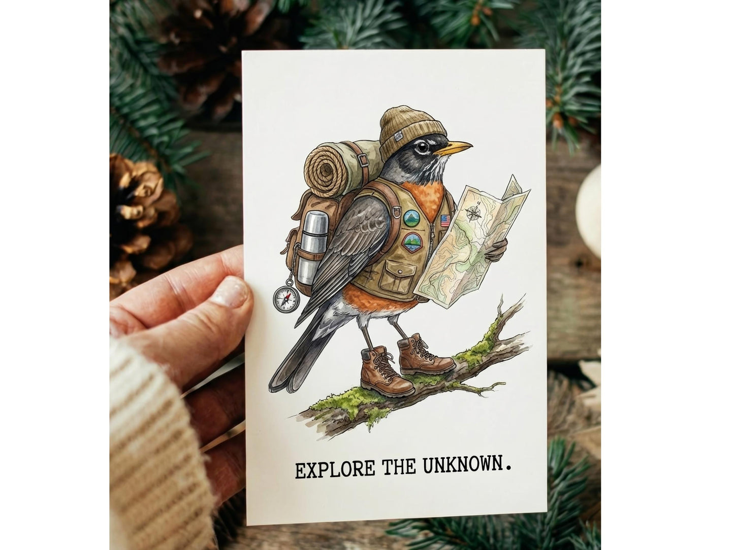 Printable American Robin Card, Hiking Bird, Backpacking Robin Art, Travel Greeting, Outdoor Lover Gift, Camping, Bird Nerd, Digital Download