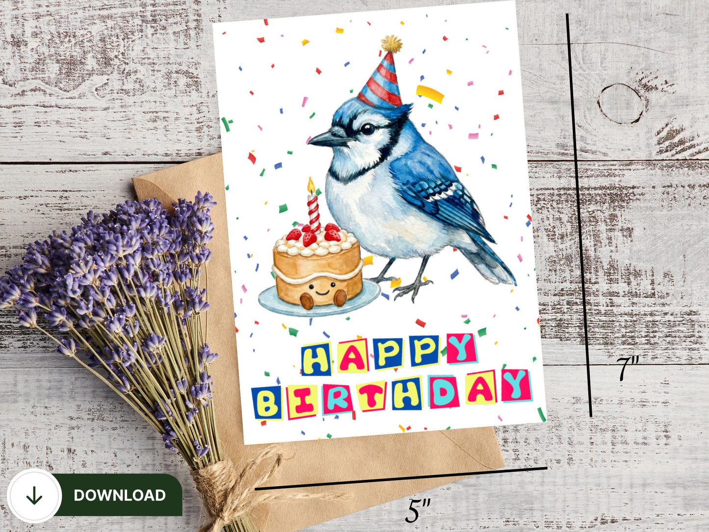 Blue Jay Birthday Card Printable, Watercolor Birthday Bird Art, Cute Bird with Cake, Bluejay Lover Gift, Digital Download