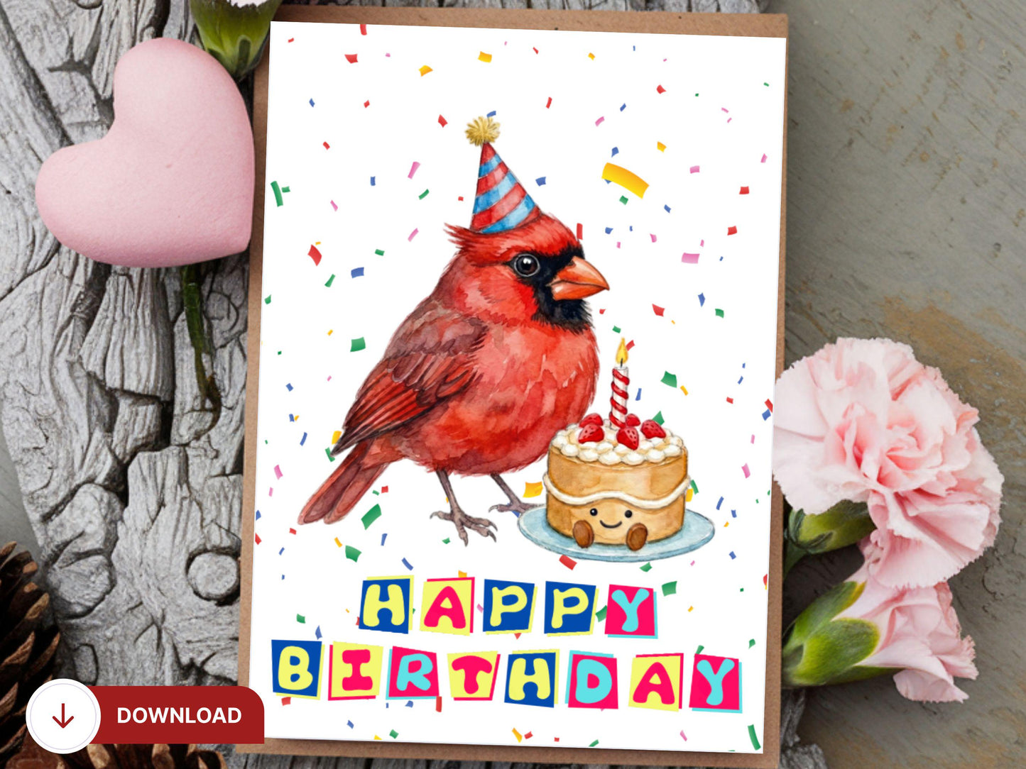 Printable Cardinal Birthday Card, Watercolor Birthday Bird Art, Bird with Cake, Cardinal Lover Gift, Bird In Birthday Hat, Digital Download