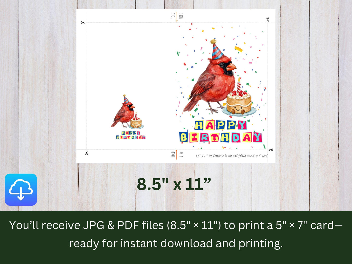 Printable Cardinal Birthday Card, Watercolor Birthday Bird Art, Bird with Cake, Cardinal Lover Gift, Bird In Birthday Hat, Digital Download