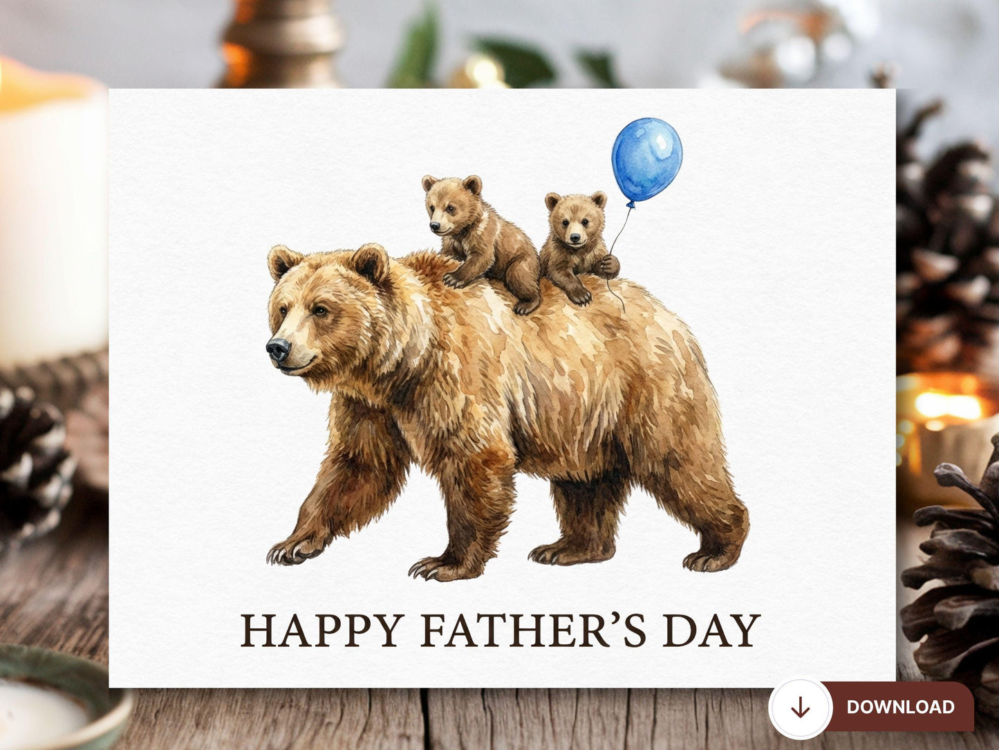 Digital Grizzly Bear Father’s Day Card, Watercolor Bear Family Art, Cute Bear Cub with Daddy, Happy Father's Day Printable, Papa Bear Card