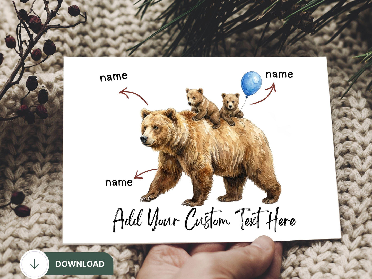 Digital Grizzly Bear Father’s Day Card, Watercolor Bear Family Art, Cute Bear Cub with Daddy, Happy Father's Day Printable, Papa Bear Card