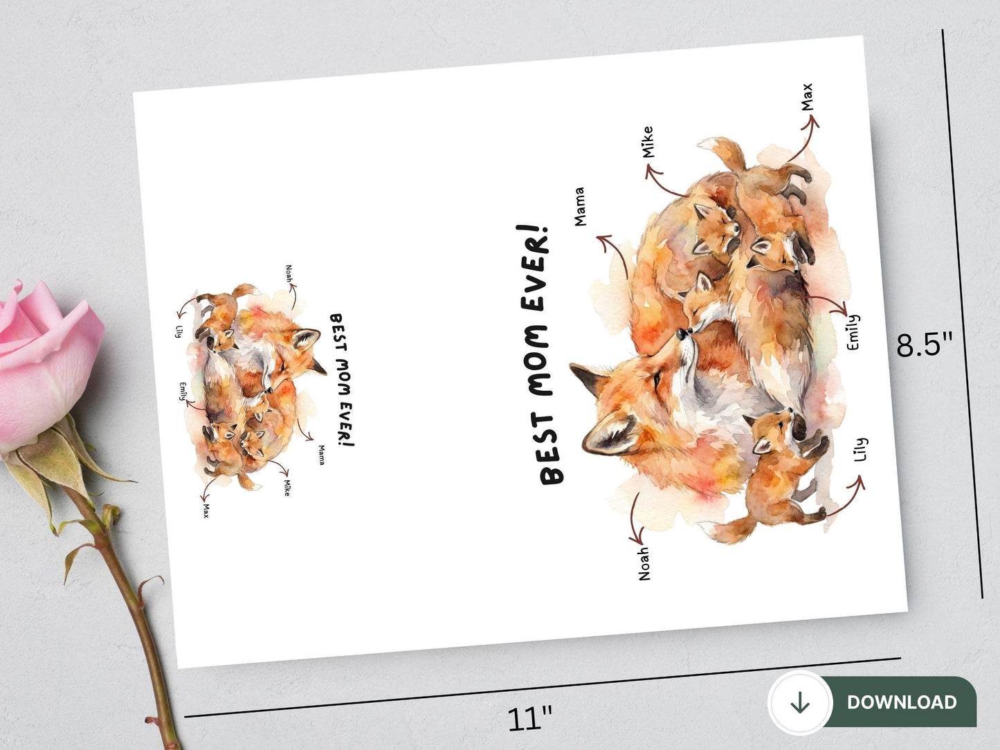 Fox Mother’s Day Card Printable, Watercolor Fox Family Art, Mama Fox and Baby Foxes, Woodland Animal Mother's Day Gift, Digital Download