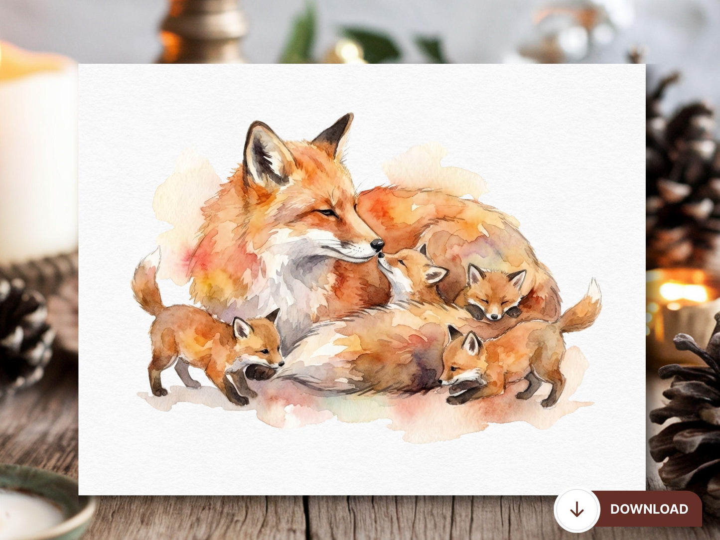 Fox Mother’s Day Card Printable, Watercolor Fox Family Art, Mama Fox and Baby Foxes, Woodland Animal Mother's Day Gift, Digital Download