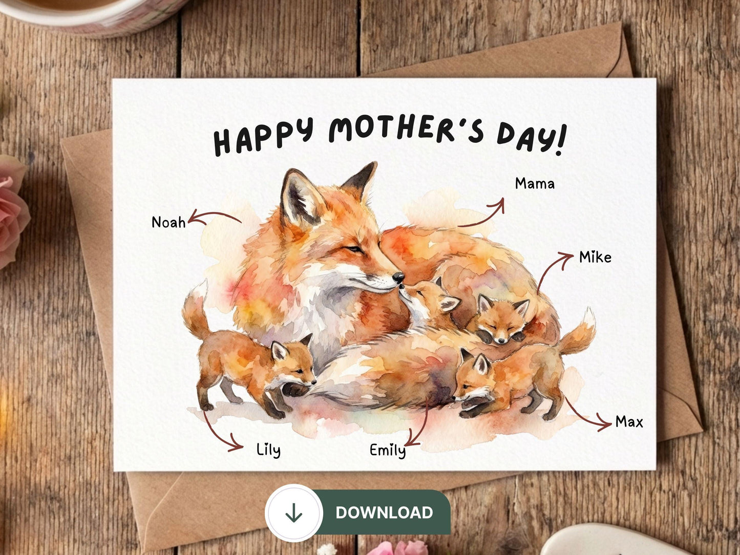 Fox Mother’s Day Card Printable, Watercolor Fox Family Art, Mama Fox and Baby Foxes, Woodland Animal Mother's Day Gift, Digital Download