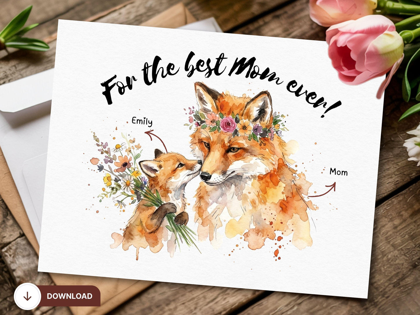 Watercolor Fox and baby Card, Woodland Mother's Day Art (Digital Download)