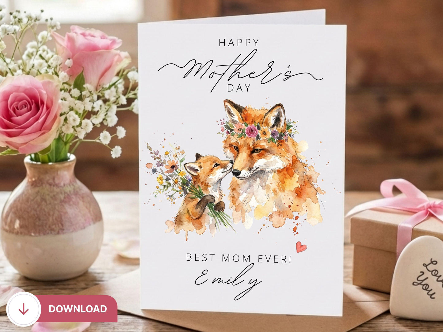 Watercolor Fox and baby Card, Woodland Mother's Day Art (Digital Download)