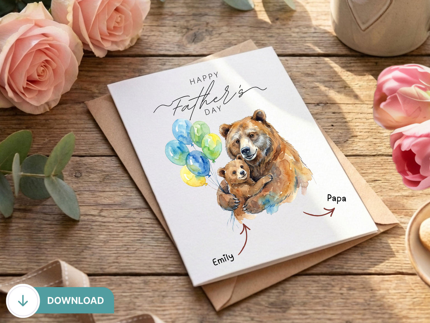 Digital Bear Father’s Day Card, Bear Mothers Day, Papa Bear Card, Dad Bear Gift, Father Bear Cub, Wildlife Dad Card, Cute Bear Cub