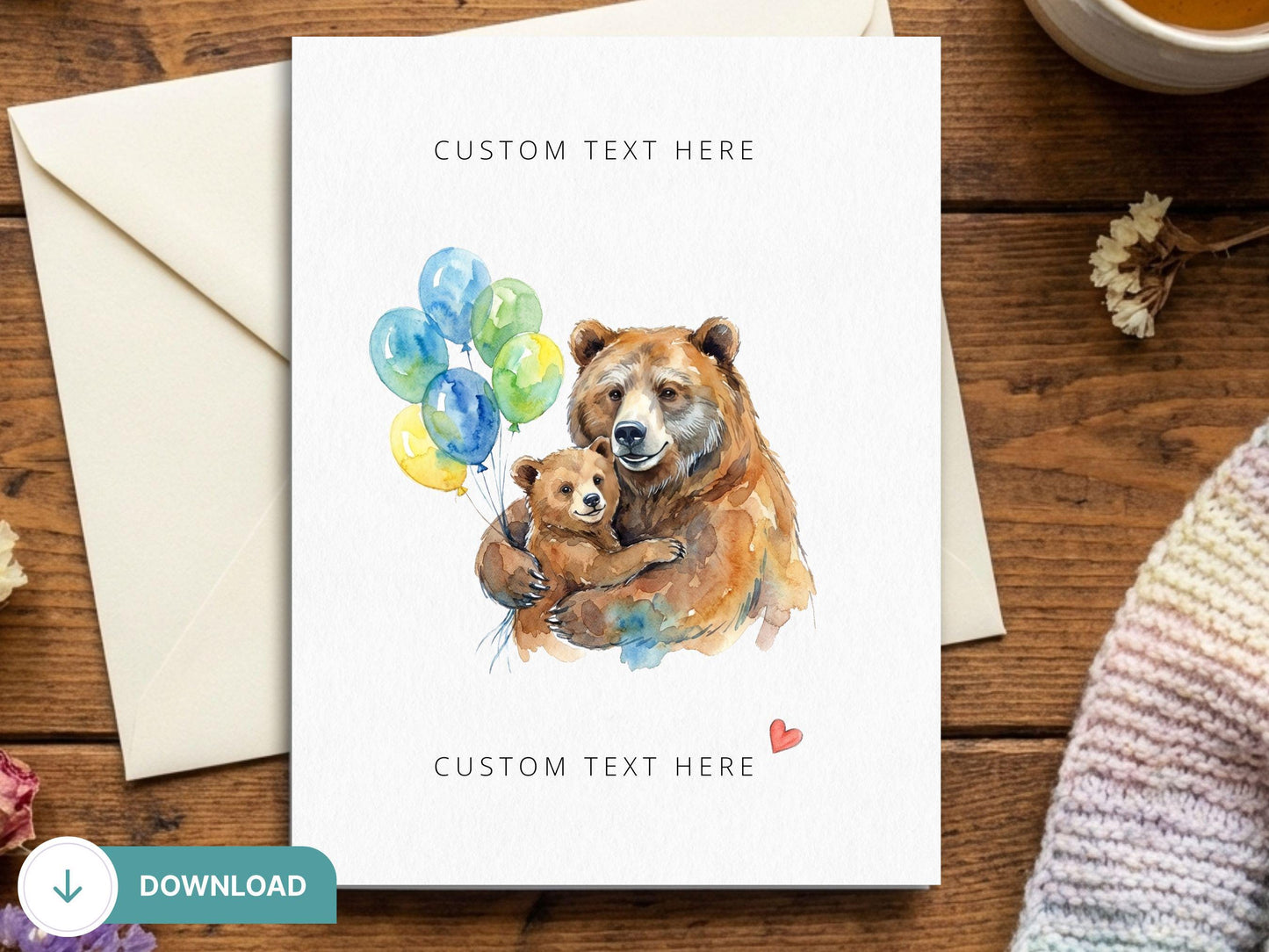 Digital Bear Father’s Day Card, Bear Mothers Day, Papa Bear Card, Dad Bear Gift, Father Bear Cub, Wildlife Dad Card, Cute Bear Cub