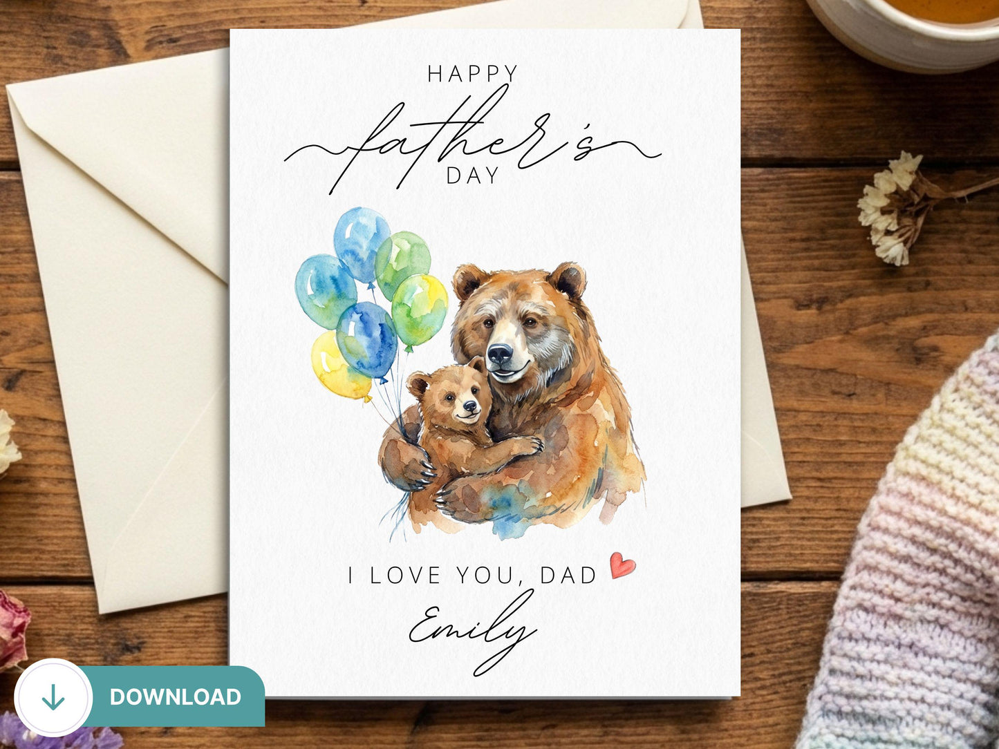 Digital Bear Father’s Day Card, Bear Mothers Day, Papa Bear Card, Dad Bear Gift, Father Bear Cub, Wildlife Dad Card, Cute Bear Cub