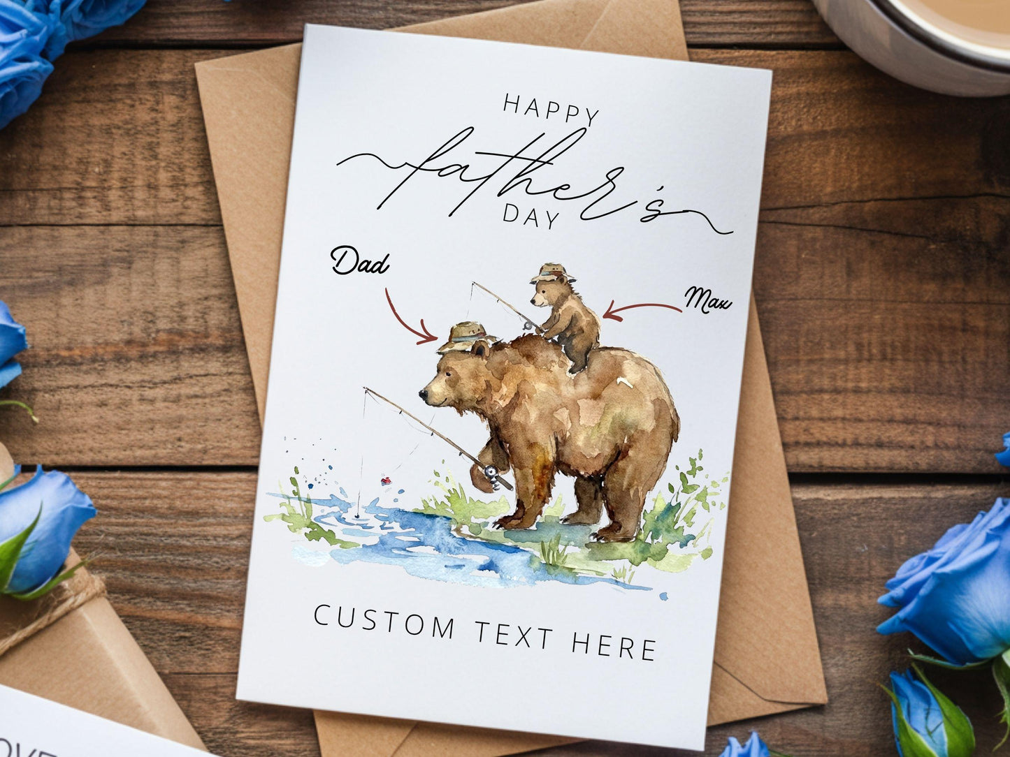 Digital Fishing Bear Dad Card, Grandpa Fishing, Daddy Baby Fishing, Papa Bear Fishing, Dad and Son Fishing,  Dad and Me, Fathers Day Card