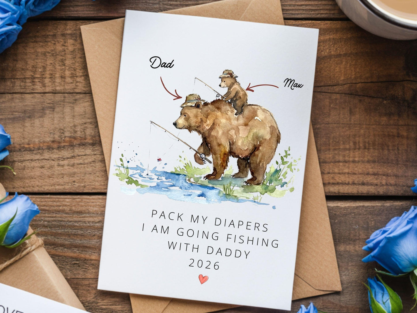 Digital Fishing Bear Dad Card, Grandpa Fishing, Daddy Baby Fishing, Papa Bear Fishing, Dad and Son Fishing,  Dad and Me, Fathers Day Card