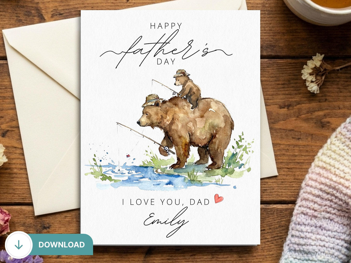 Digital Fishing Bear Dad Card, Grandpa Fishing, Daddy Baby Fishing, Papa Bear Fishing, Dad and Son Fishing,  Dad and Me, Fathers Day Card
