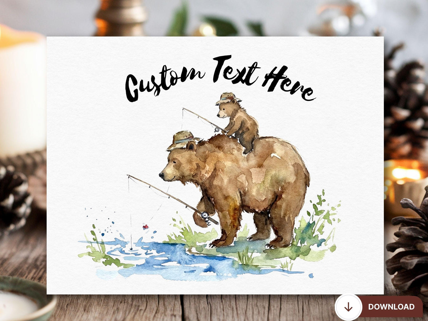 Digital Fishing Bear Dad Card, Grandpa Fishing, Daddy Baby Fishing, Papa Bear Fishing, Dad and Son Fishing,  Dad and Me, Fathers Day Card