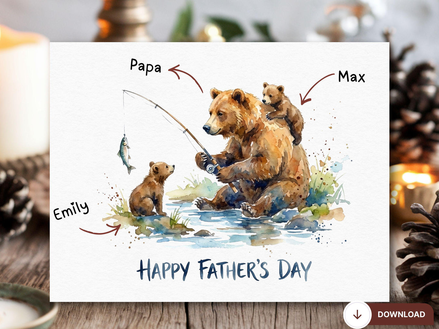 Digital Fishing Fathers Day Card, Papa Bear Fishing Card, Dad & Cub Bear, Grandpa Fishing, Papa Bear Fishing, Dad and Me, Reel Cool Dad