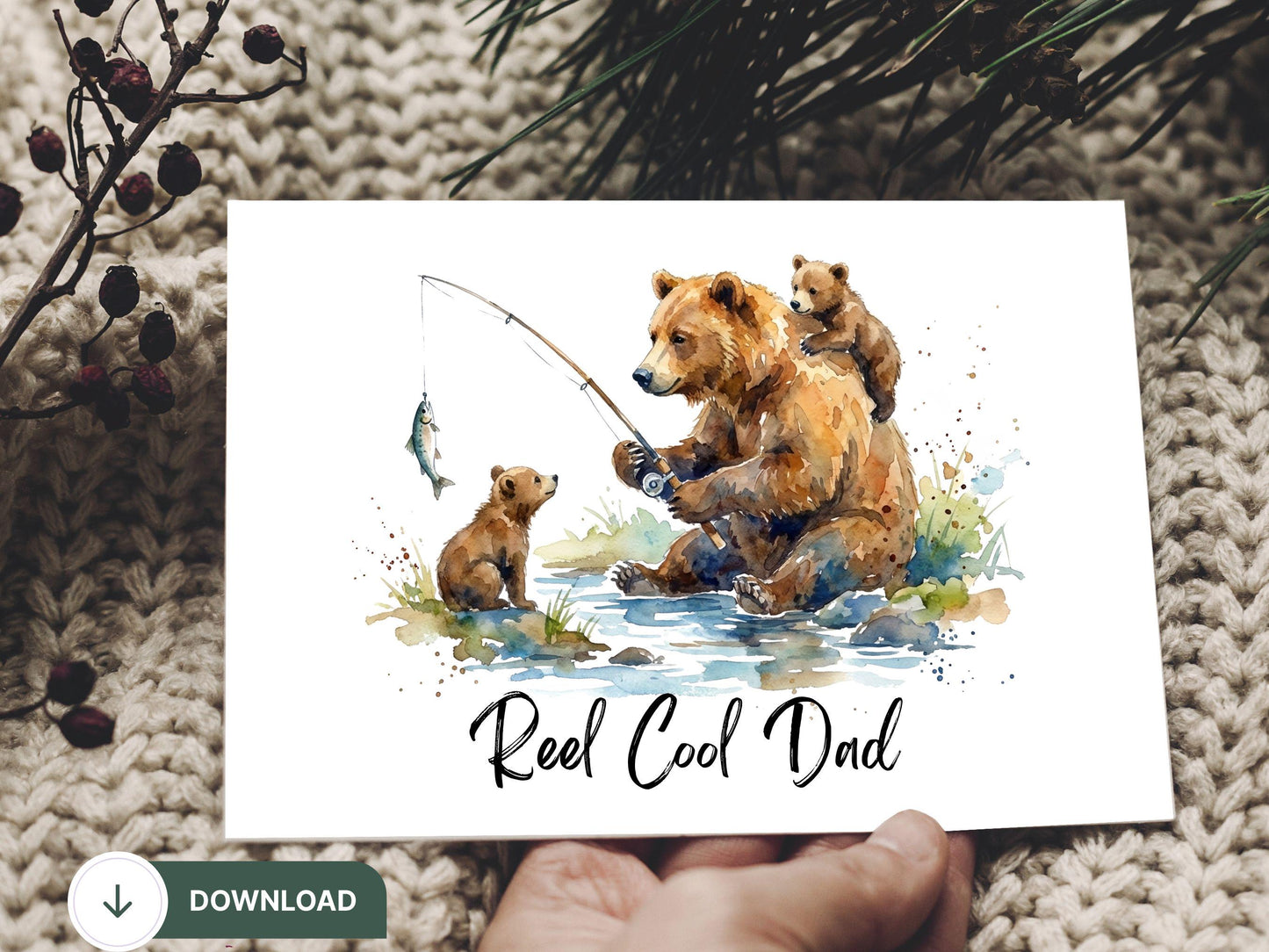 Digital Fishing Fathers Day Card, Papa Bear Fishing Card, Dad & Cub Bear, Grandpa Fishing, Papa Bear Fishing, Dad and Me, Reel Cool Dad