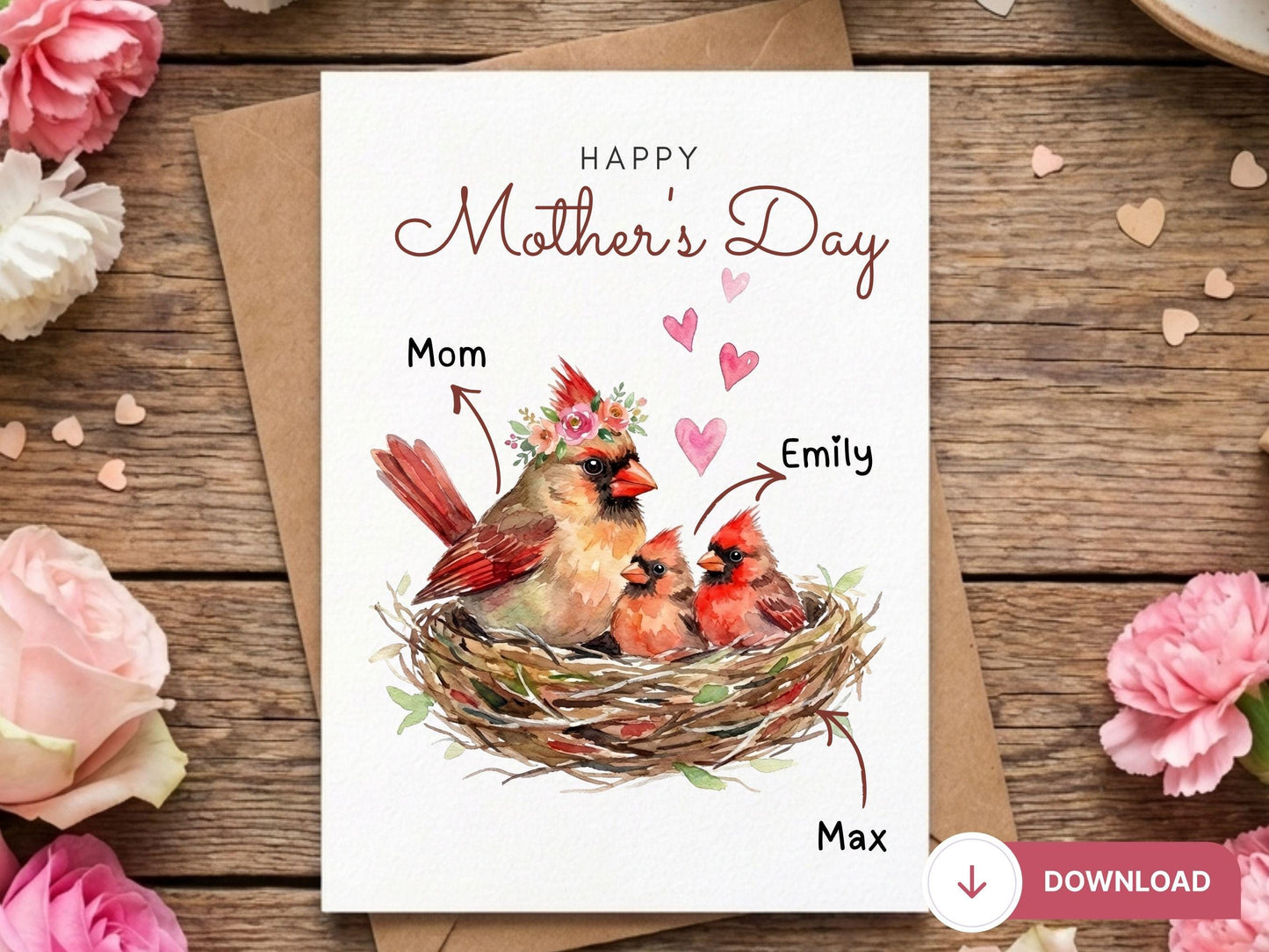 Digital Mother’s Day Cardinal Card, Bird Nest Mom Card, Cardinal Lover Gift, Mom Birthday Card, Baby Bird Nest Art, Printable Greeting Card