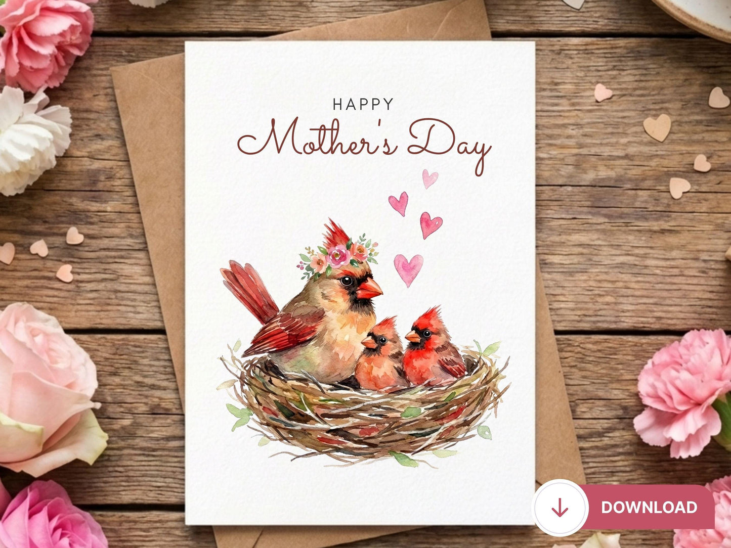 Digital Mother’s Day Cardinal Card, Bird Nest Mom Card, Cardinal Lover Gift, Mom Birthday Card, Baby Bird Nest Art, Printable Greeting Card