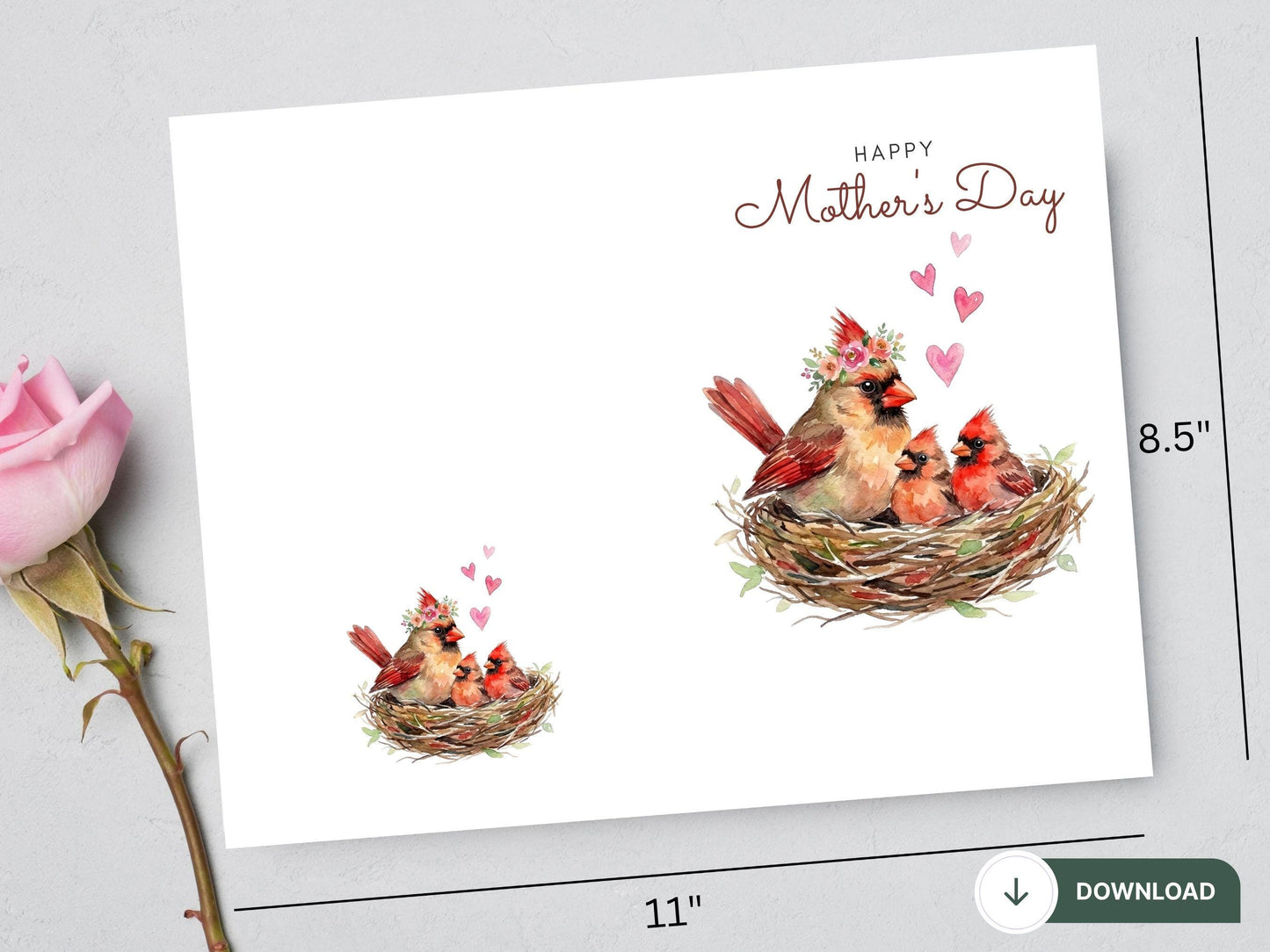 Digital Mother’s Day Cardinal Card, Bird Nest Mom Card, Cardinal Lover Gift, Mom Birthday Card, Baby Bird Nest Art, Printable Greeting Card