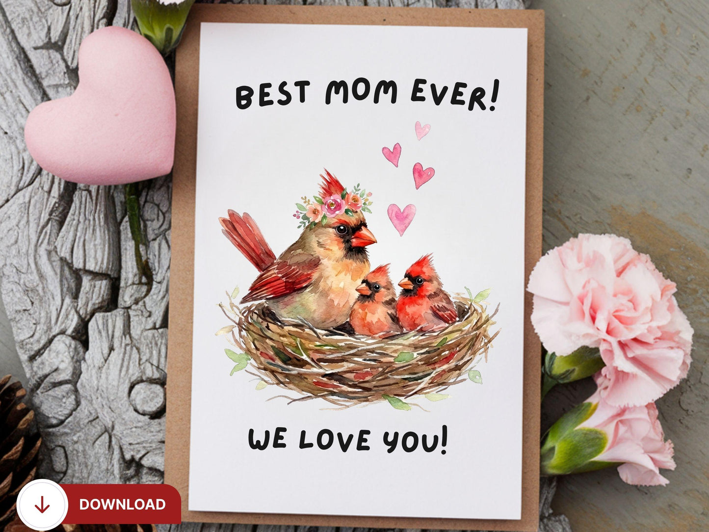 Digital Mother’s Day Cardinal Card, Bird Nest Mom Card, Cardinal Lover Gift, Mom Birthday Card, Baby Bird Nest Art, Printable Greeting Card