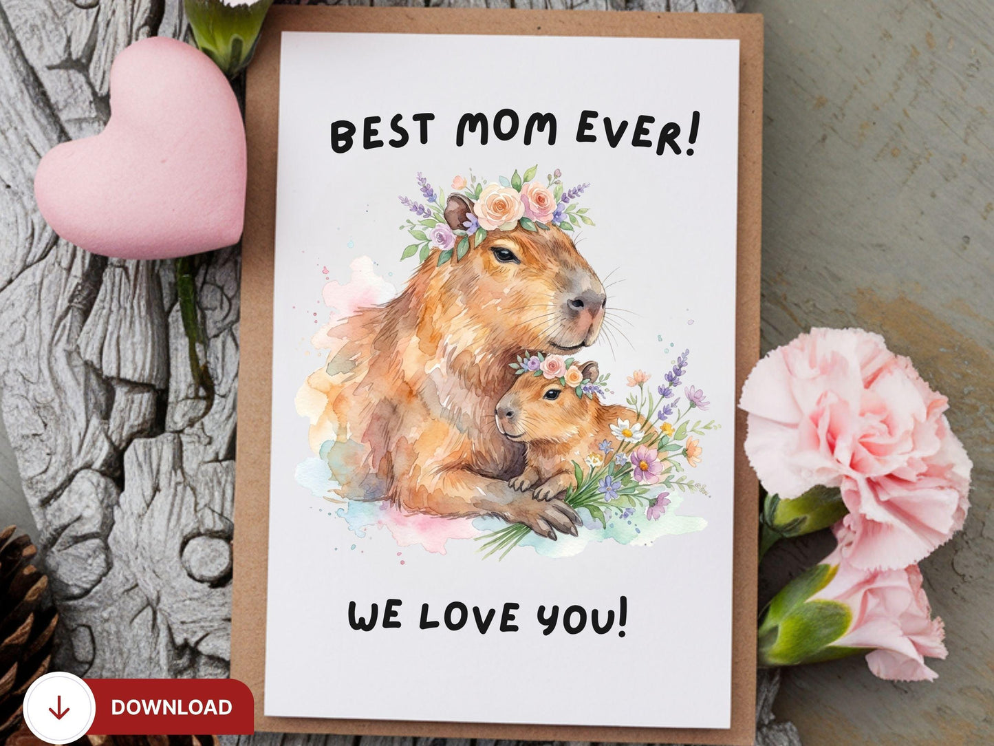 Digital Capybara Mother's Day Card, Cute Mama Capybara Baby Card, Printable Mother's Day Card, Watercolor Animal Mom Card, Capybara Floral