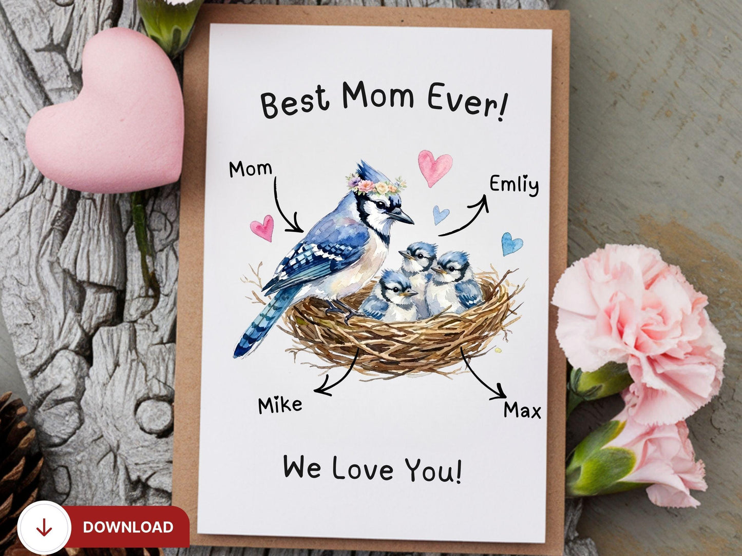 Digital Mother’s Day Bluejay Card, Bird Nest Mom Card, Blue Jay Lover Gift, Mom Birthday Card, Baby Bird Nest Art, Printable Greeting Card