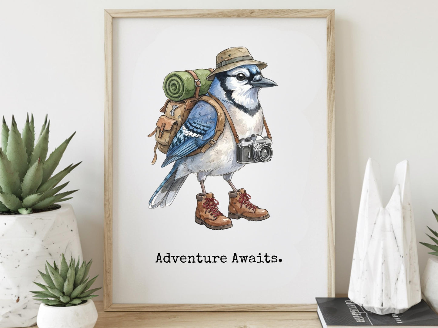 Bluejay Travel Bird, Adventure Quote Print, Blue Jay Artwork, hiking Bird Art, Bluejay Hiking Print, Bluejay Lover Gift, Camping Bird Print