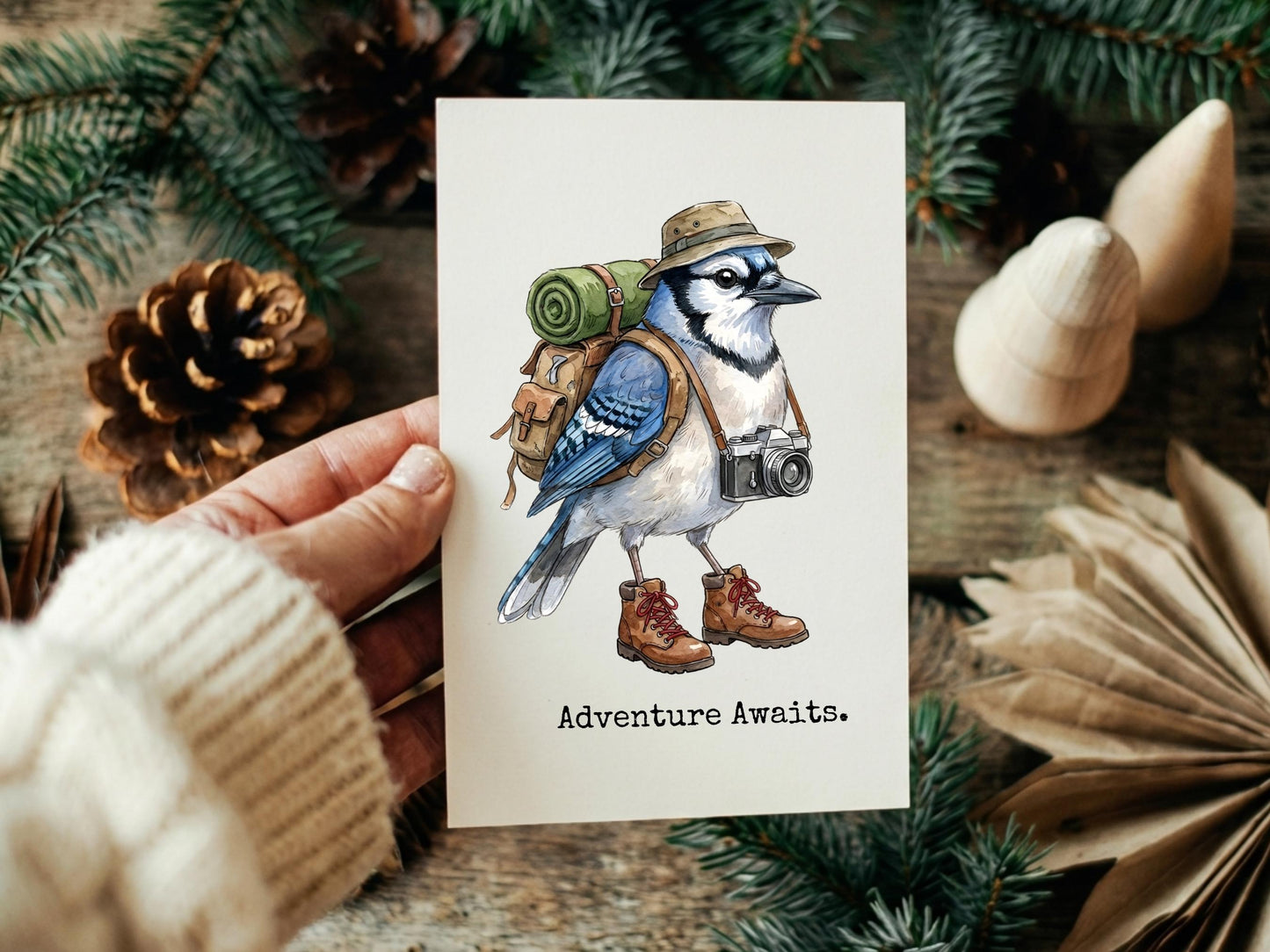 Bluejay Travel Bird, Adventure Quote Print, Blue Jay Artwork, hiking Bird Art, Bluejay Hiking Print, Bluejay Lover Gift, Camping Bird Print