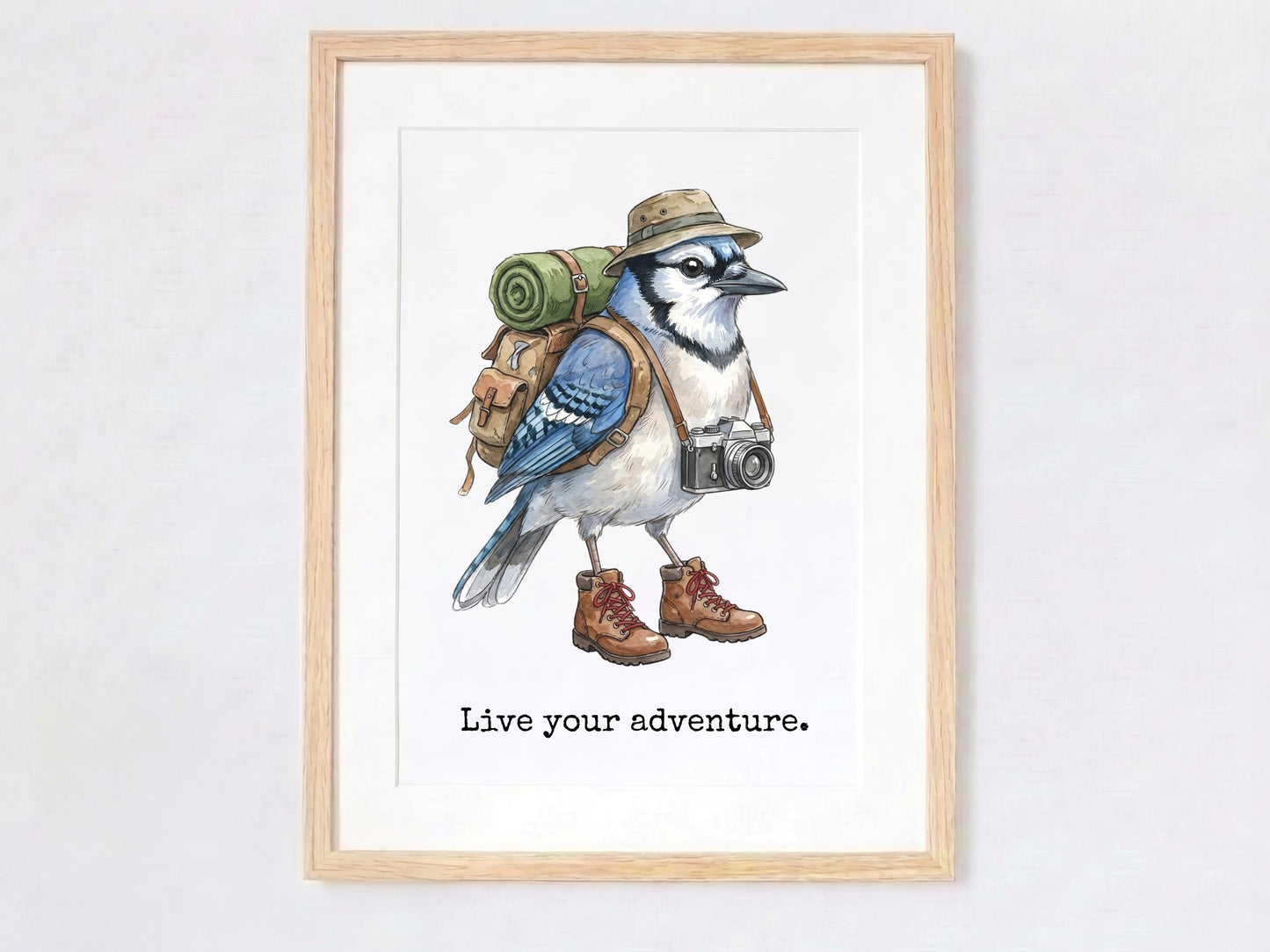 Bluejay Travel Bird, Adventure Quote Print, Blue Jay Artwork, hiking Bird Art, Bluejay Hiking Print, Bluejay Lover Gift, Camping Bird Print
