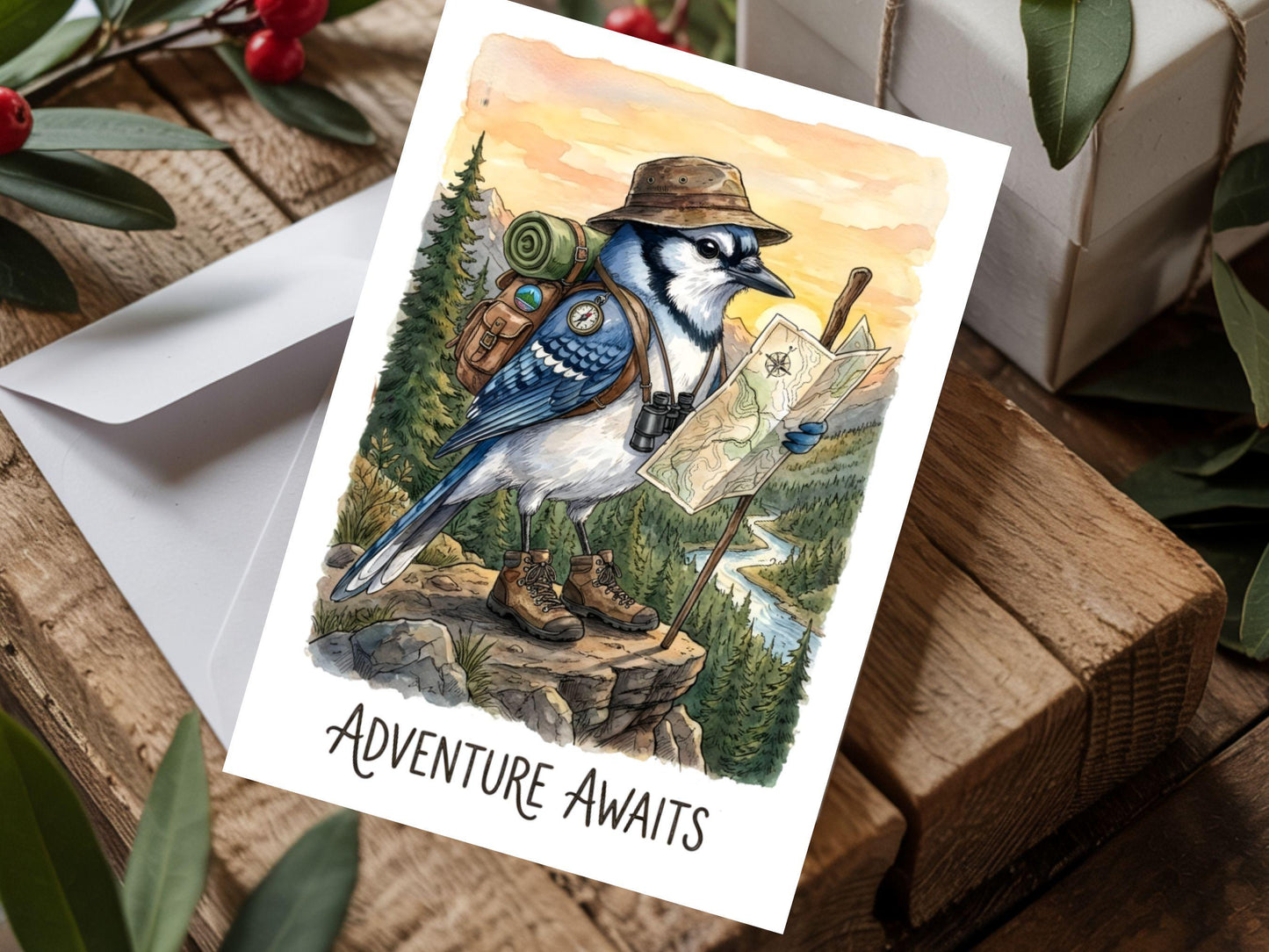 Adventure Awaits Card Printable, Watercolor Blue Jay Hiking Art, Travel Greeting Card, Wanderlu, Outdoor Lover Gift, Digital Download