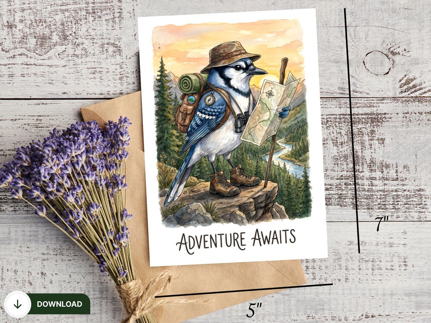 Adventure Awaits Card Printable, Watercolor Blue Jay Hiking Art, Travel Greeting Card, Wanderlu, Outdoor Lover Gift, Digital Download