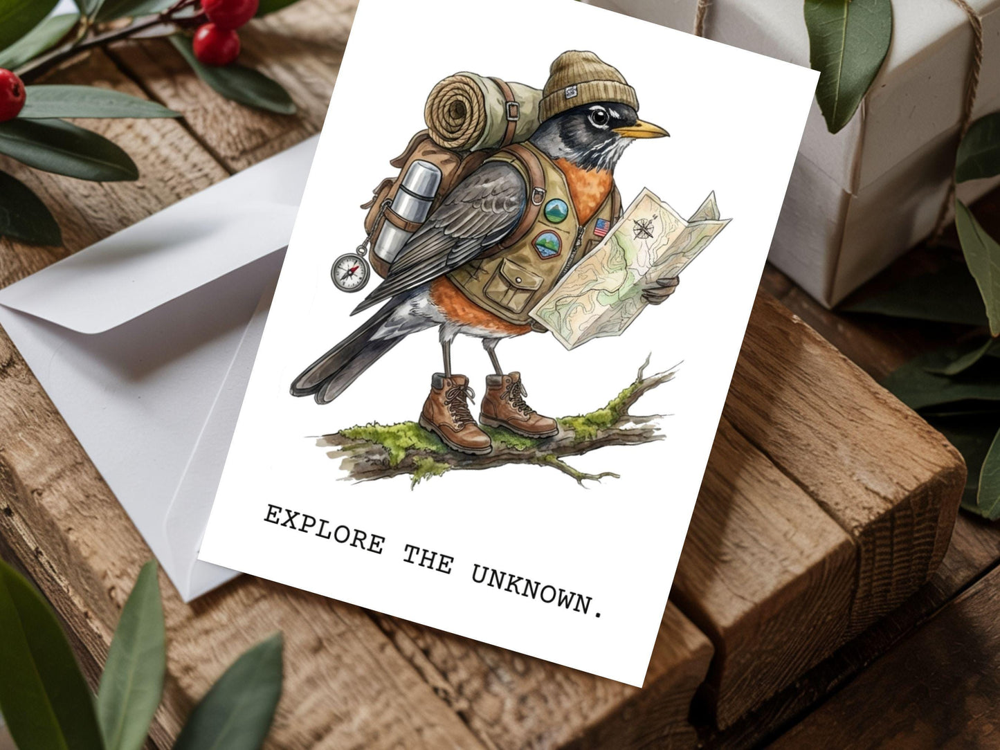 Printable American Robin Card, Hiking Bird, Backpacking Robin Art, Travel Greeting, Outdoor Lover Gift, Camping, Bird Nerd, Digital Download