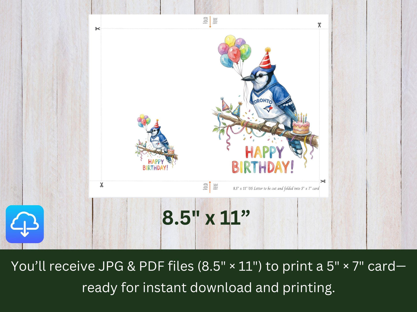 Blue Jay Birthday Card Printable, Watercolor Baseball Bird Art, Cute Bird with Balloons and Cake, Sports Fan Birthday Card, Digital Download