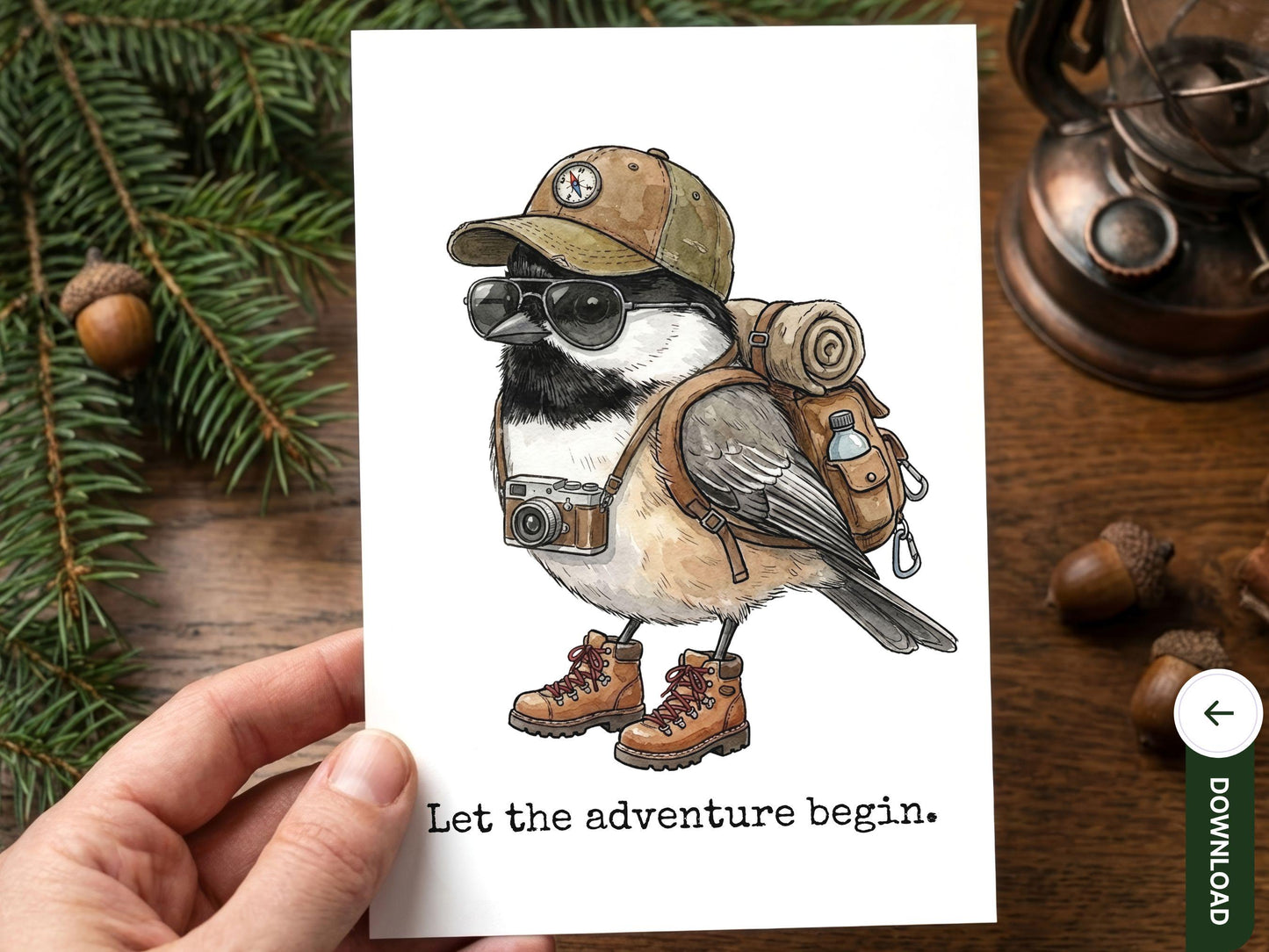 Chickadee Adventure Printable, Hiking Bird Art, Cute Traveler Bird Illustration, Wanderlust Wall Art, Nature Lover Gift Digital Download