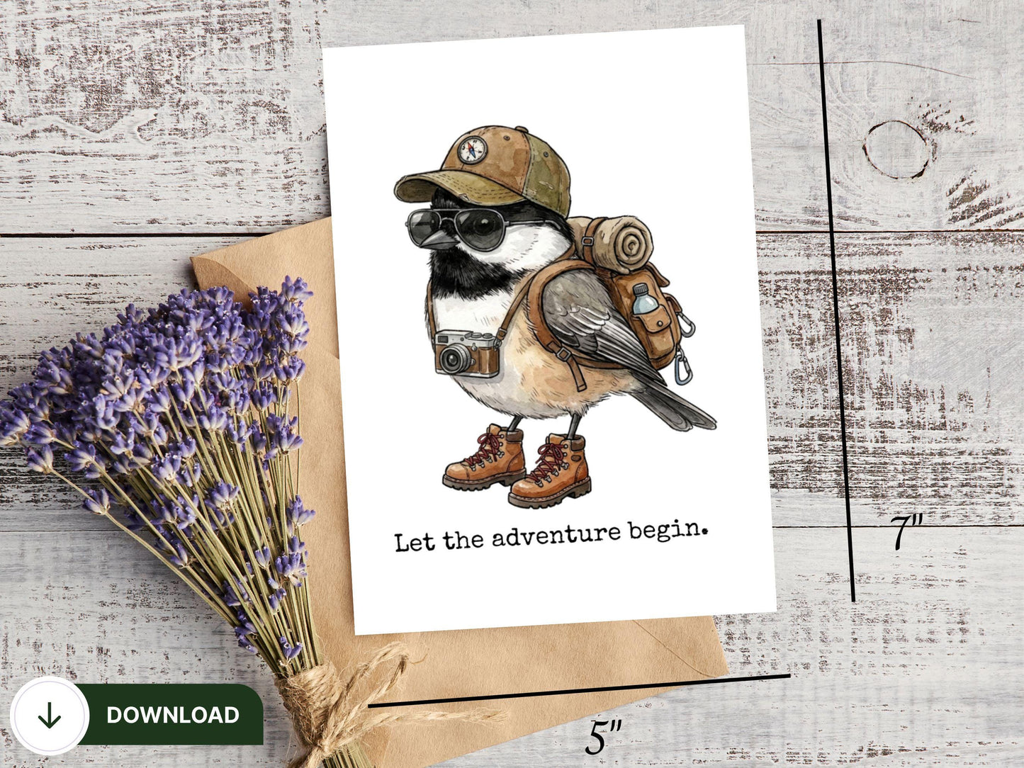 Chickadee Adventure Printable, Hiking Bird Art, Cute Traveler Bird Illustration, Wanderlust Wall Art, Nature Lover Gift Digital Download