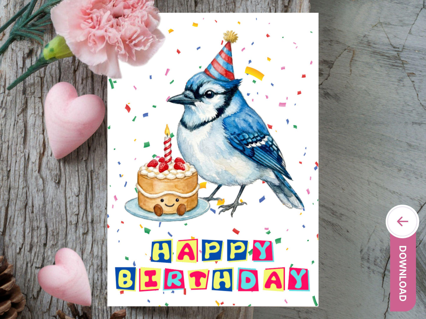 Blue Jay Birthday Card Printable, Watercolor Birthday Bird Art, Cute Bird with Cake, Bluejay Lover Gift, Digital Download