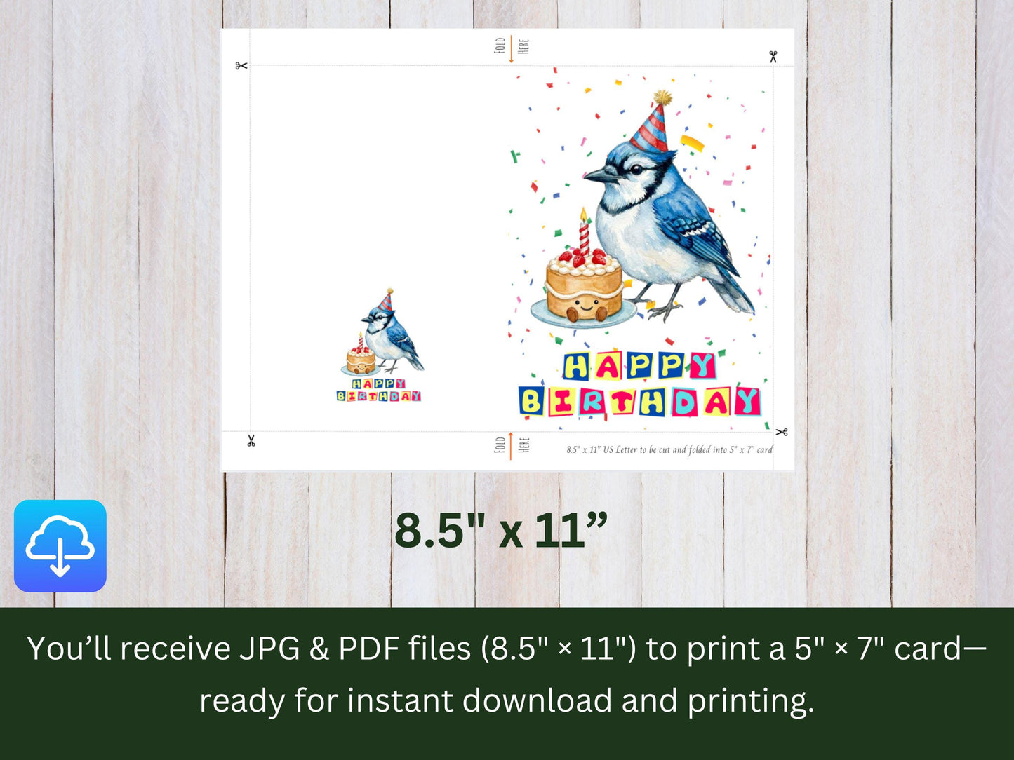 Blue Jay Birthday Card Printable, Watercolor Birthday Bird Art, Cute Bird with Cake, Bluejay Lover Gift, Digital Download