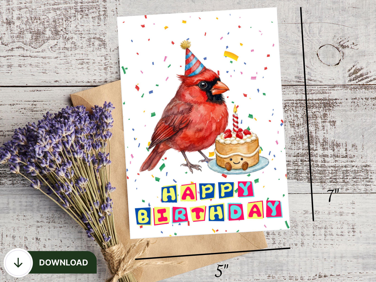 Printable Cardinal Birthday Card, Watercolor Birthday Bird Art, Bird with Cake, Cardinal Lover Gift, Bird In Birthday Hat, Digital Download