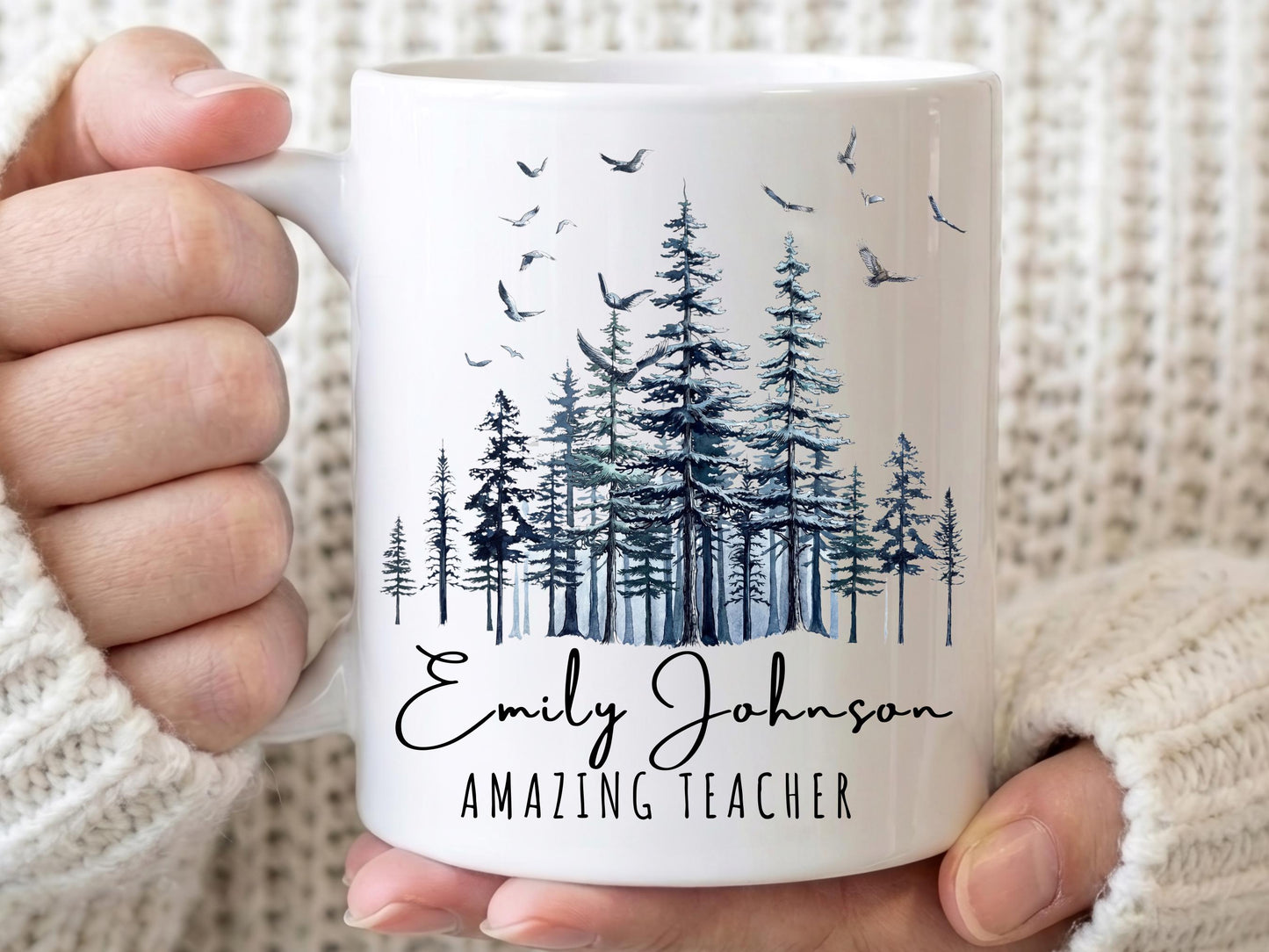 Personalized Teacher Mug, Custom Name Forest Coffee Mug, Gift for Teacher, End of Year Teacher Appreciation Gift