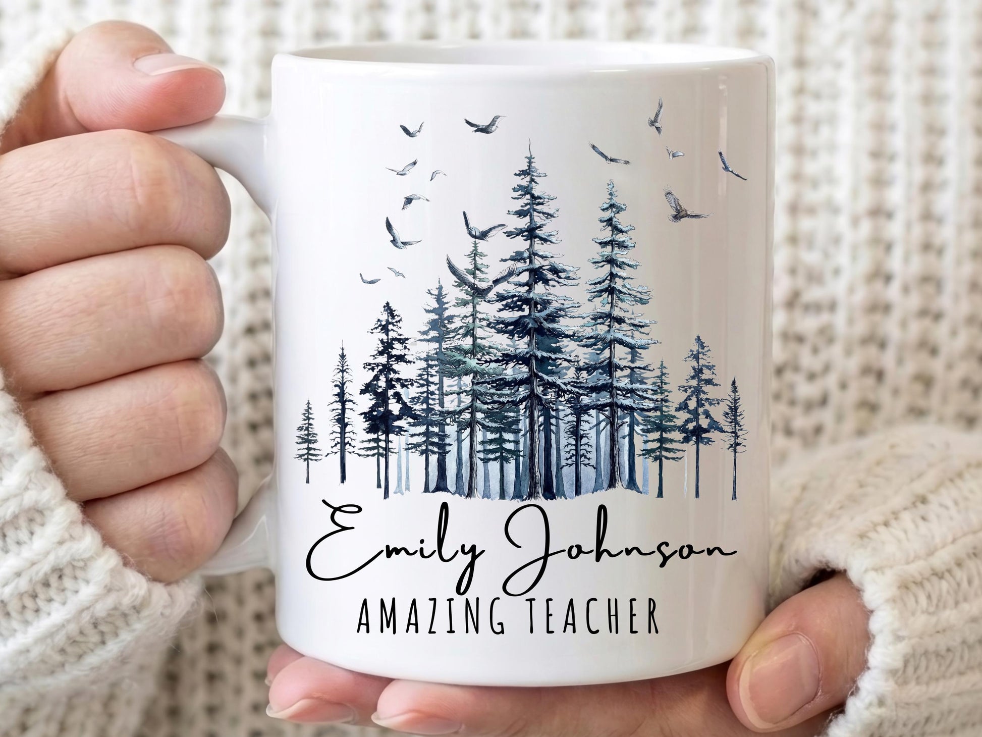 Personalized Teacher Mug, Custom Name Forest Coffee Mug, Gift for Teacher, End of Year Teacher Appreciation Gift