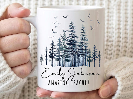 Personalized Teacher Mug, Custom Name Forest Coffee Mug, Gift for Teacher, End of Year Teacher Appreciation Gift