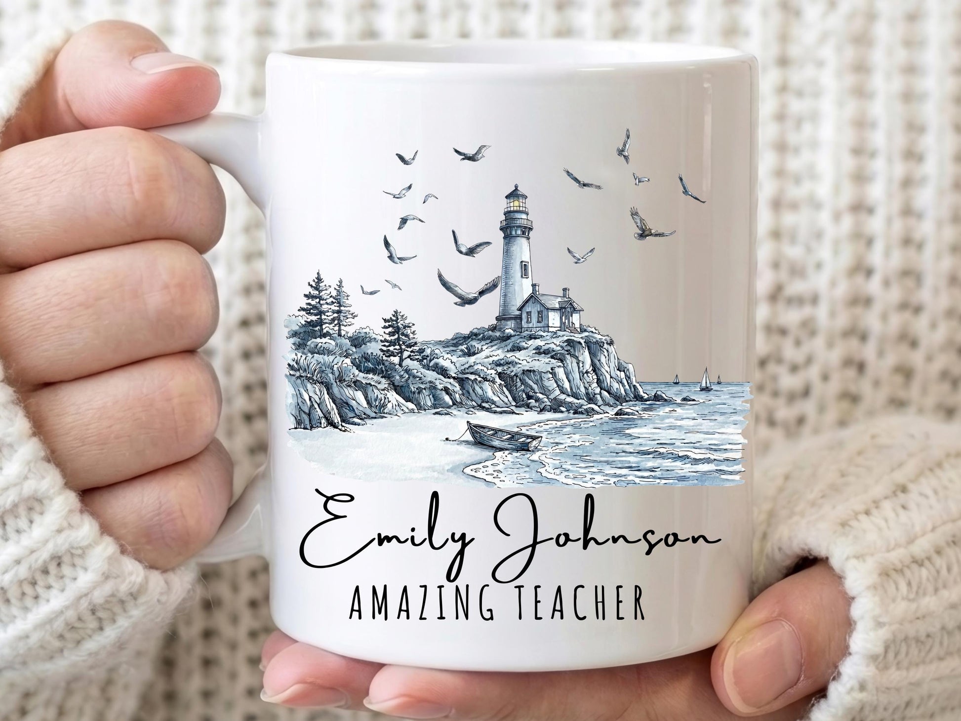 Personalized Teacher Mug, Custom Name Lighthouse Mug, Never Forget the Difference You Make, Teacher Appreciation Gift